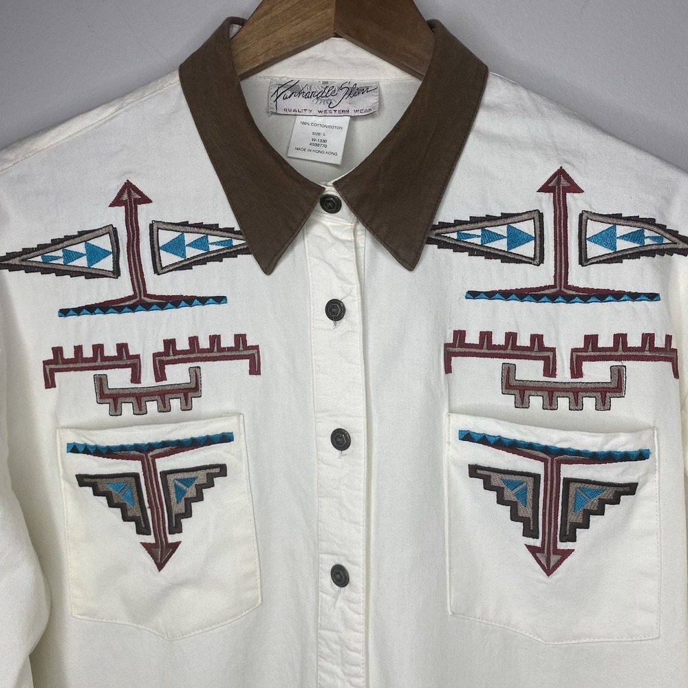 Vintage Panhandle Slim Western Shirt Women Large Cotton Embroidered Aztec